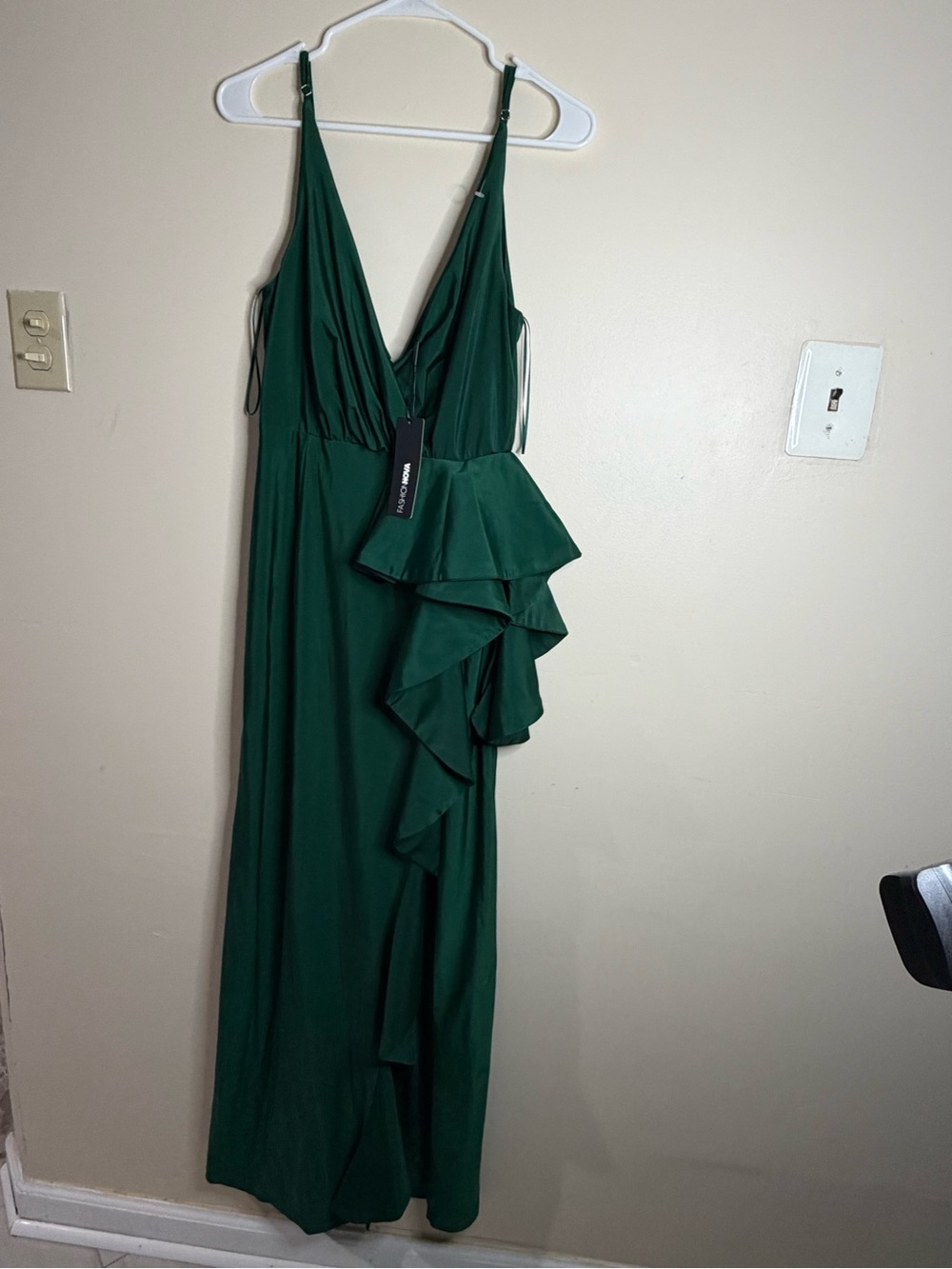 Fashion Nova Deep Green One-Shoulder Ruffle Maxi Dress